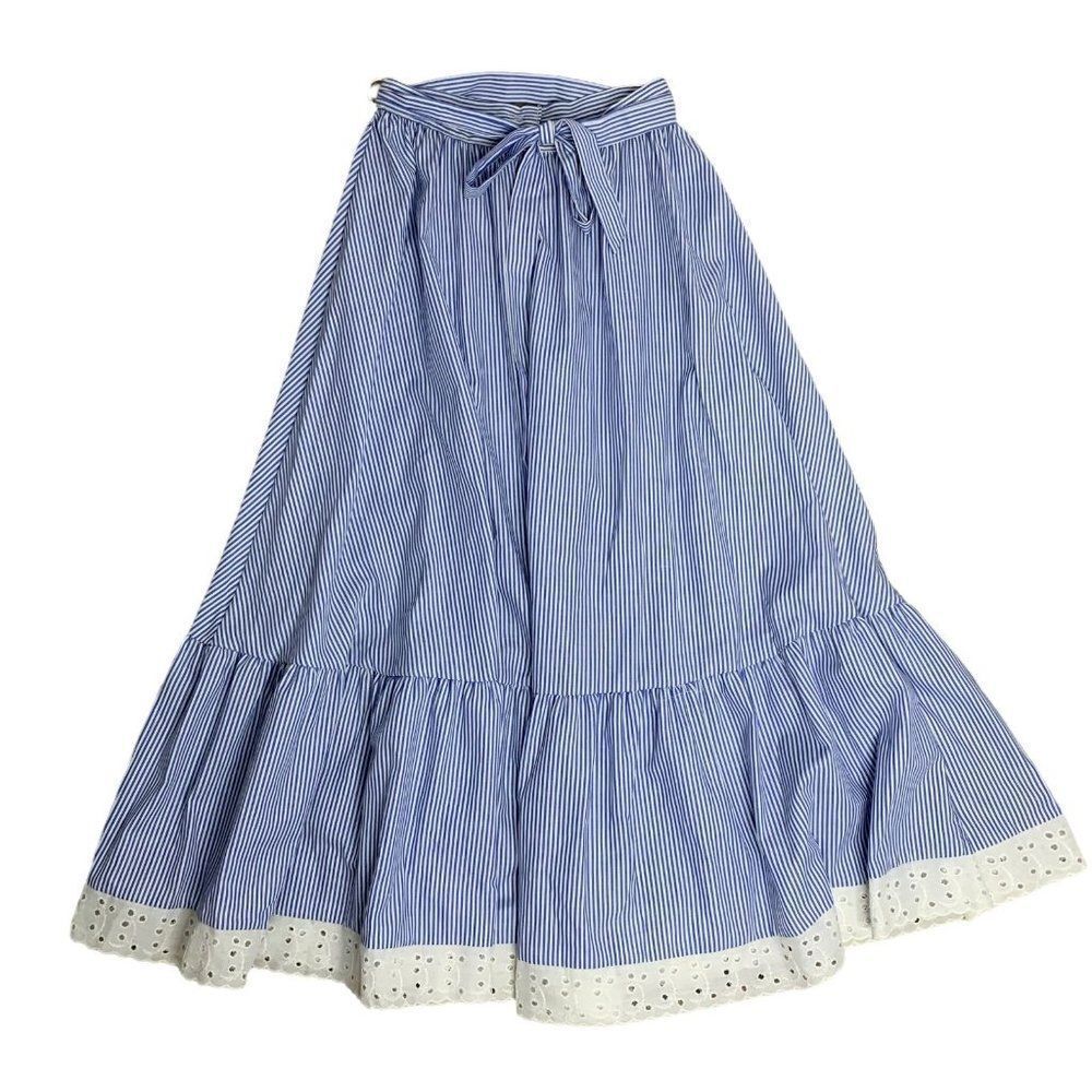 Vintageย SwingโCircle Prairie Skirt S Blue Striped Eyelet Lace Tie BeltโCottage